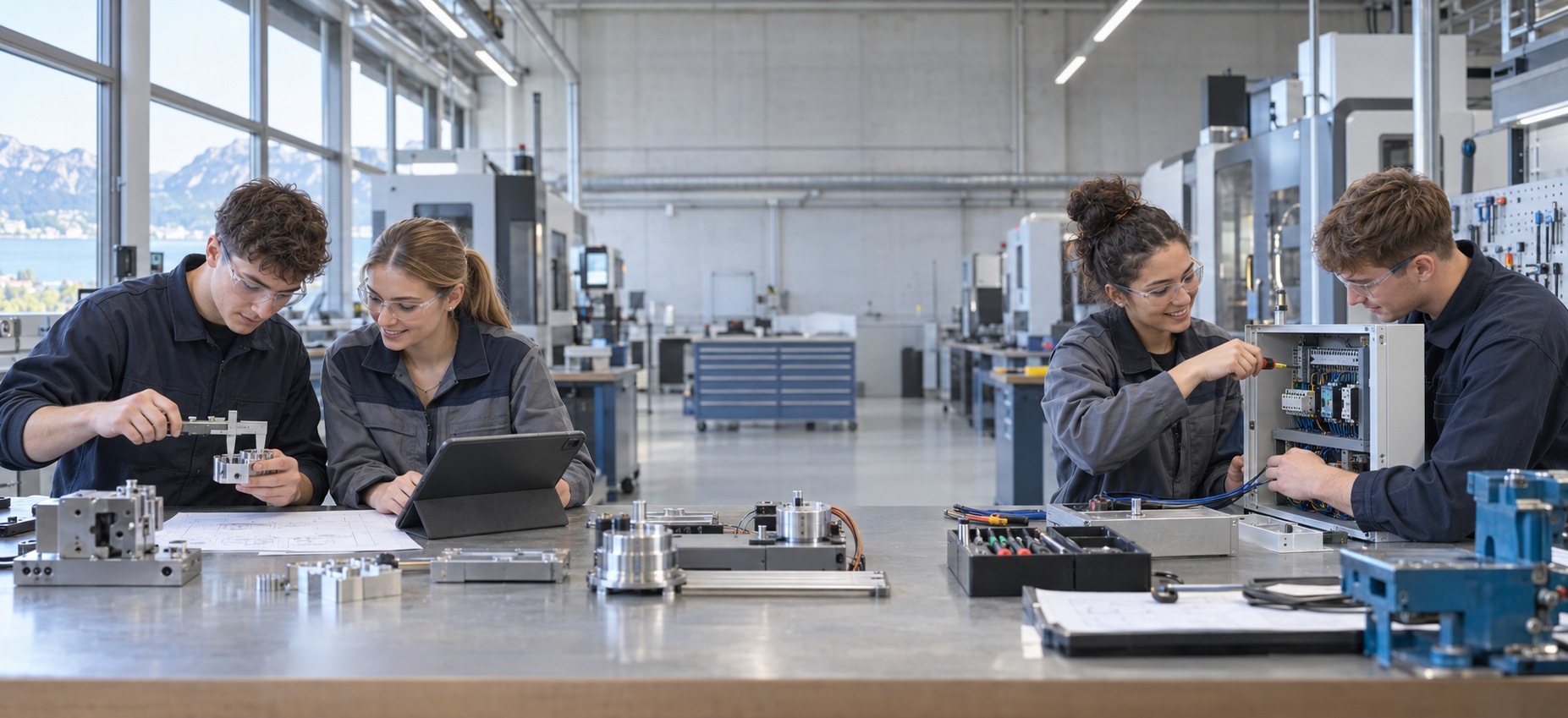 Vier Lernende bearbeiten in einer technischen Ausbildungswerkstatt mechanische und elektrische Aufgaben.